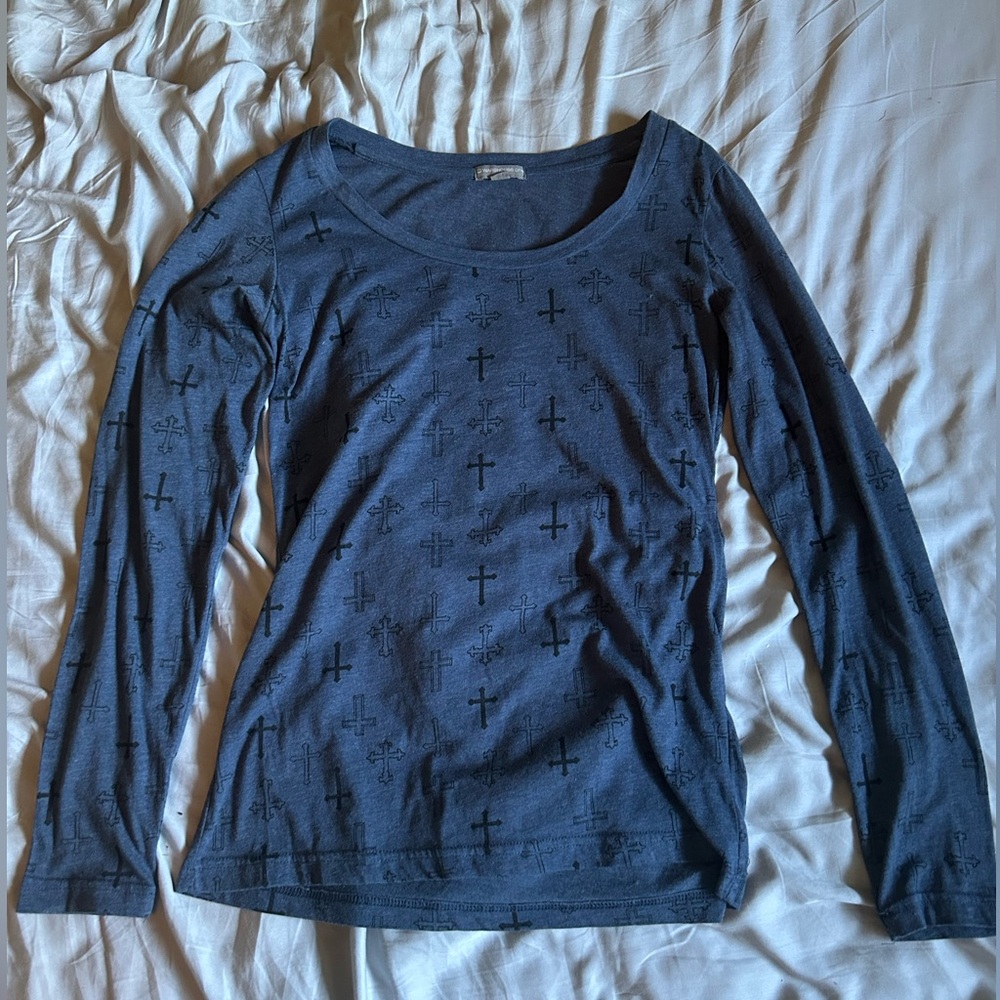 Warehouse One Denim Blue Upside Down Cross Long Sleeve Shirt Size Med